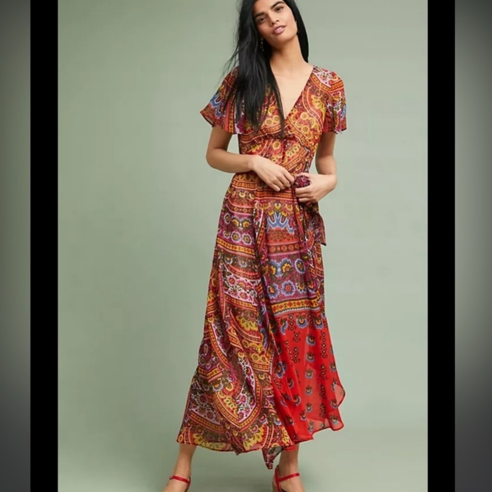 Anthropologie Orange and Blue Asymmetrical Sundress